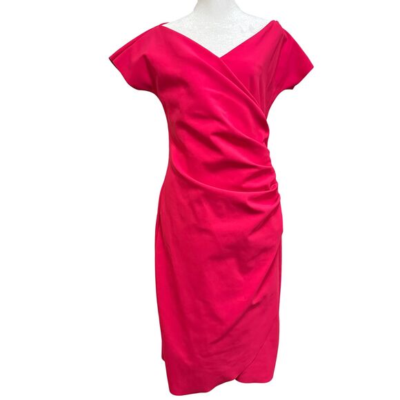 Chiara Boni Hot Pink Rouched Cocktail Dress Size 48 US 12 Knee Length Cap Sleeve - Picture 1 of 6